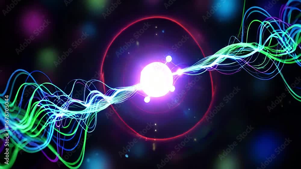 Poster abstract animated background with energy waves and glowing particles, futuristic design, complex