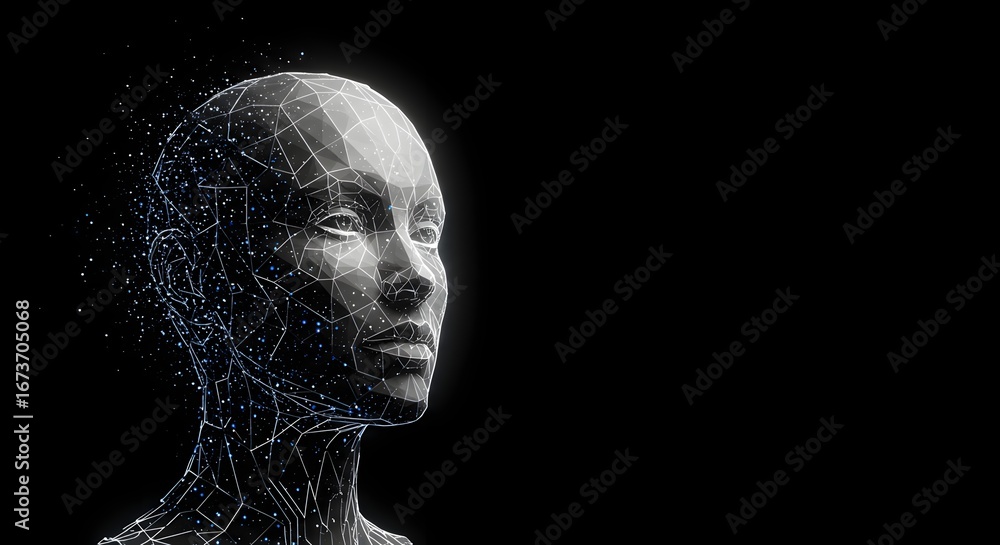 Poster abstract digital wireframe head on a black background showing artificial intelligence.
