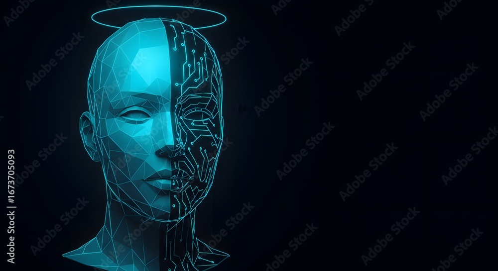 Poster digital rendering of a futuristic robotic human head with circuit patterns.