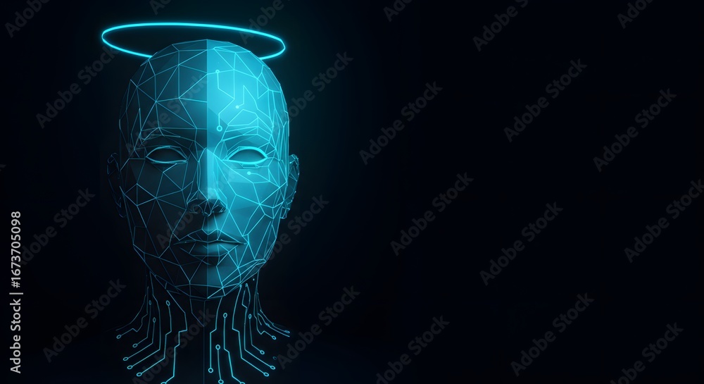 Poster abstract digital humanoid head with glowing circuit patterns and a halo.