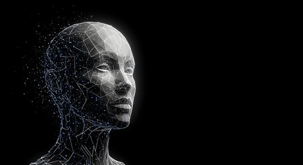 Abstract digital wireframe head on a black background showing artificial intelligence.