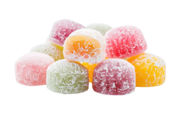 A bright assortment of colorful, sugar-coated jelly candies piled together, inviting sweet indulgence and joyful moments isolated on transparent background