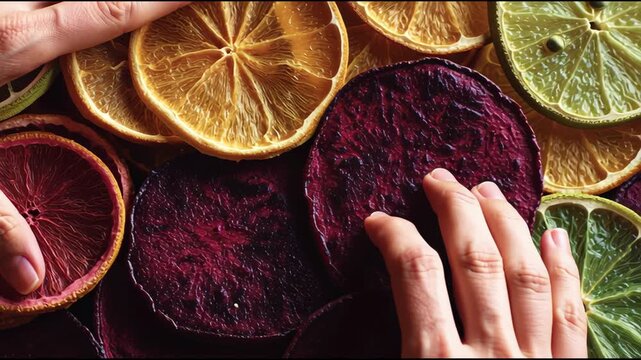 Vibrant, dried fruit slices showcasing an array of colors and textures, perfect for crafting or culinary inspiration.