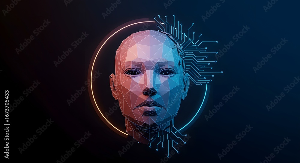 Poster abstract futuristic head surrounded by circuit patterns.