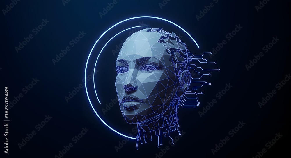 Poster abstract digital head with circuit patterns represents artificial intelligence.