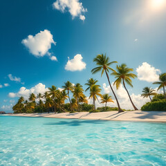 Obraz premium Tropical beach with crystal clear turquoise water, white sand, and tall palm trees under a bright blue sky. A perfect paradise island scenery for relaxation, vacation, and summer getaway.