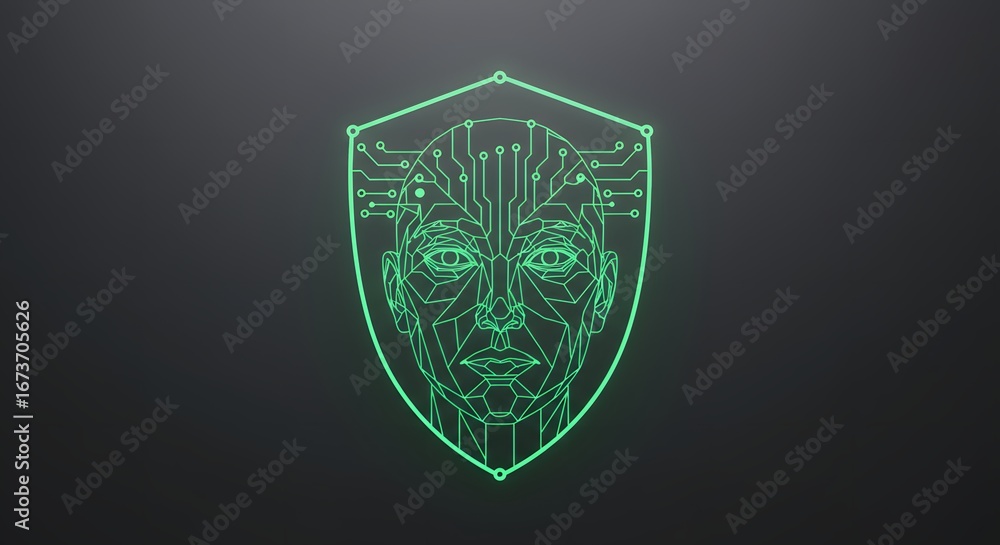 Poster abstract digital face in shield for data protection concept.