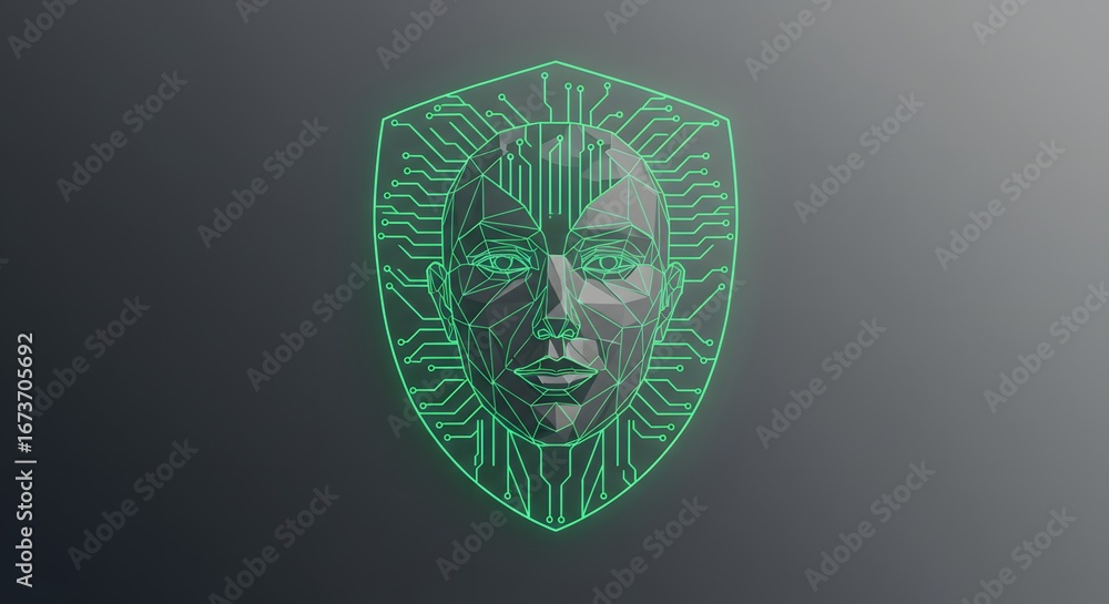Poster abstract illustration of a face within a technological shield.