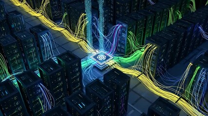 Futuristic server room with flowing data streams and central processing unit with digital network - Powered by Adobe