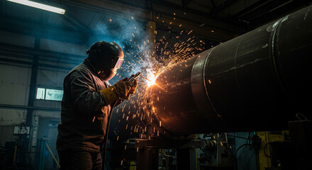 A welder in a workshop uses a welding torch to join two metal pipes together with sparks.