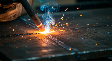 Close-up of a welder performing a welding operation on metal.