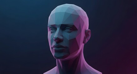 Obraz premium Geometric low poly human head 3D render with blue and pink gradient.