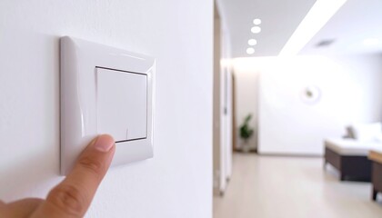 Finger pressing a light switch in a modern room