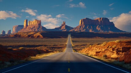 Endless road to monument valley at sunset. AI image