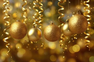 Golden Christmas ornaments and ribbons hang against a bokeh background