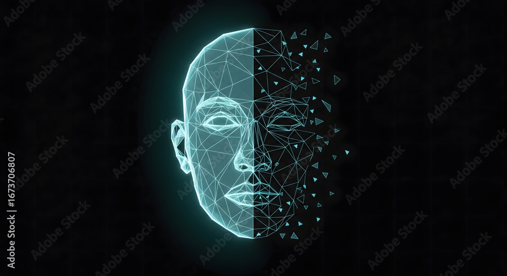 Poster polygonal face rendering of ai on a black background.