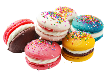Delightful colorful macarons with sprinkles arranged artfully on a white backdrop, perfect for a sweet treat any time of the year isolated on transparent background