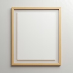 Empty wooden picture frame mockup hanging on a neutral wall for art presentation and graphic design projects and advertising needs