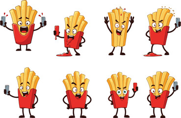 Funny cartoon french fries characters with ketchup, smartphone, selfies, expressions, playful emotions, social media, food mascot, digital fun, snack time illustrations