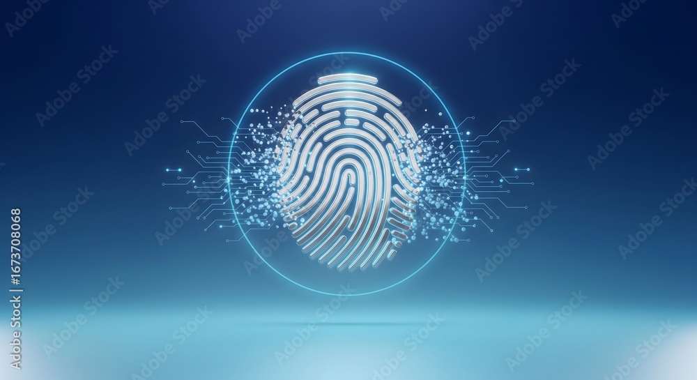 Poster fingerprint scan with digital circuit on blue background graphic design.