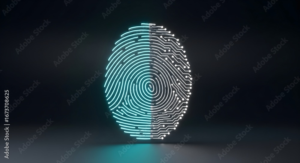 Poster digital fingerprint with glowing circuit board lines against a dark background.
