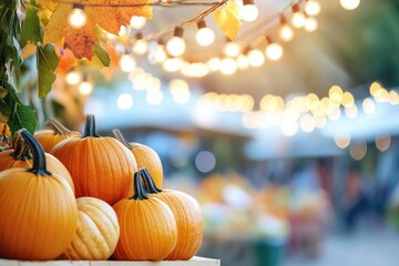 Autumn pumpkins and festive lights in a vibrant fall setting