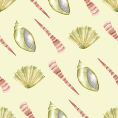 Underwater of shells, starfish background pattern. Watercolor illustration, hand drawn in gentle colors collection, isolated for cards, posters, packaging, labels, invitations, print
