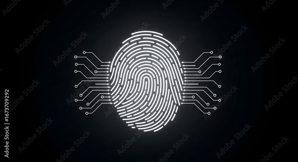 Poster digital fingerprint with circuit connections illustrating advanced biometric technology.