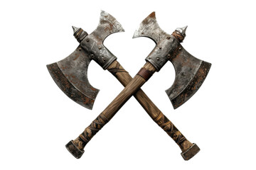 Historic double-headed axes crossed on a rustic backdrop, symbolizing strength and craftsmanship from a bygone era isolated on transparent background