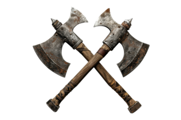 Historic double-headed axes crossed on a rustic backdrop, symbolizing strength and craftsmanship from a bygone era isolated on transparent background