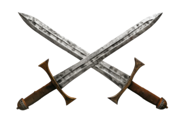 Intricately designed swords crossed in a dramatic display showcasing craftsmanship and historical significance against a clean backdrop isolated on transparent background