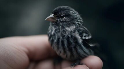 A bird perching gently on a human finger in soft lighting