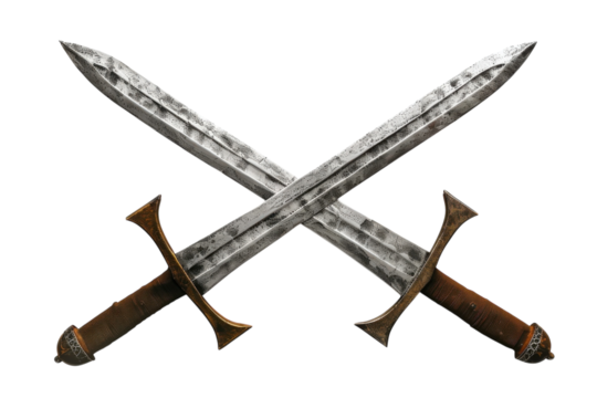 Intricately designed swords crossed in a dramatic display showcasing craftsmanship and historical significance against a clean backdrop isolated on transparent background
