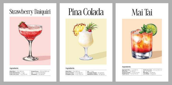 Watercolor cocktail recipe poster set with Strawberry Daiquiri, Pina Colada and Mai Tai, colorful drinks with ingredients list, modern kitchen wall art, tropical summer vibe