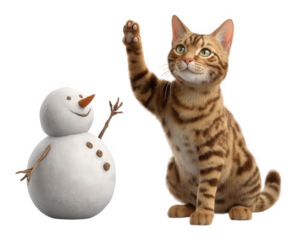 Playful tabby cat with green eyes raises its paw to high five cheerful snowman, creating funny winter scene with joy and friendship