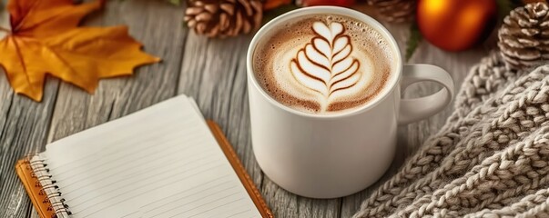 Flat lay of latte art coffee, autumn leaves and notebook on rustic wooden table with copy space, ideal for cozy fall banner, writing inspiration or seasonal lifestyle mockup