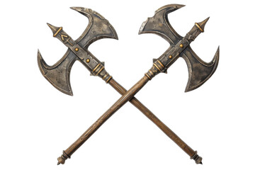 Intricately designed double-headed axes crossed elegantly against a clean backdrop, showcasing ancient craftsmanship and artistry isolated on transparent background