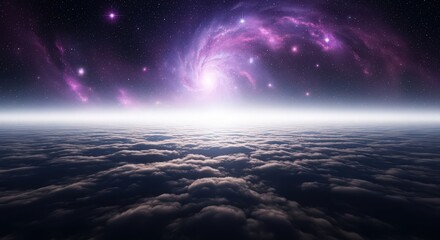 Vast nebula glows above cloudy expanse under starry night sky