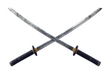 Two beautifully crafted swords crossed elegantly against a white backdrop, showcasing intricate designs and historical craftsmanship isolated on transparent background