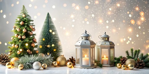 Beautiful holiday decorations with lanterns, trees, and sparkles creating a cozy Christmas atmosphere christmas, holiday, lanterns, decorations, evergreen, trees, sparkles, ambiance, cozy, festive, or