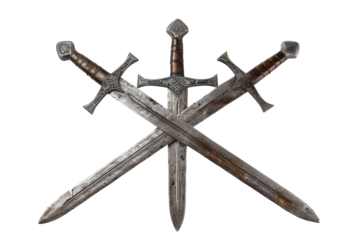 Three intricately designed medieval swords crossed in an ornate display highlighting craftsmanship and historical significance isolated on transparent background