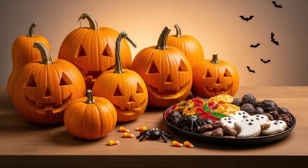 Spooky Halloween pumpkins and treats on wooden table for festive celebrations
