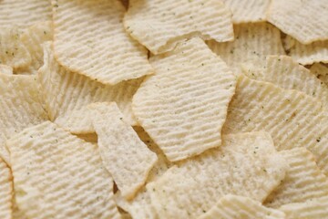 Homemade Flavored Paprika Potato Chips in a Bowl, top view. Flat lay