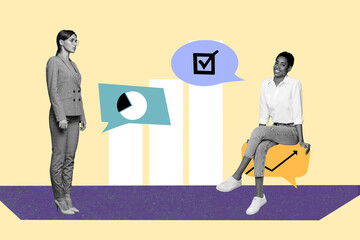 Full composite zine art pop trend collage of two happy business partners girls chart development...