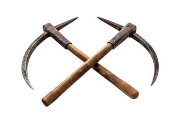 Artfully crafted cross-cut mining tools resting on a clean surface, showcasing their traditional design and practical use in excavation tasks isolated on transparent background