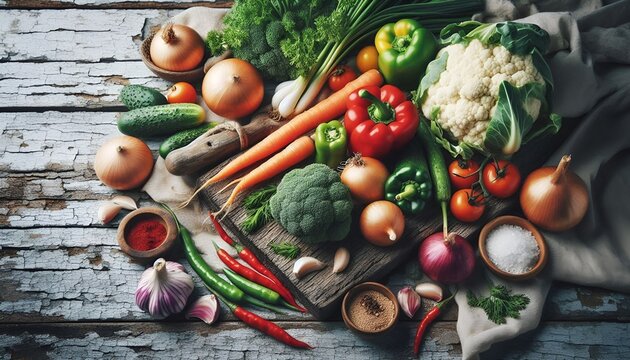 a rustic farm-to-table display of fresh vegetables and ingredients arranged on a weathered wooden surface - Powered by Adobe
