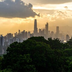 City skyline at sunset, with trees in foreground
