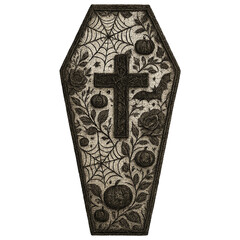 coffin illustration with lace floral pattern decorated with cross pumpkins cobwebs bats and roses in gothic halloween style on dark background concept of apparel design concept of holiday decor