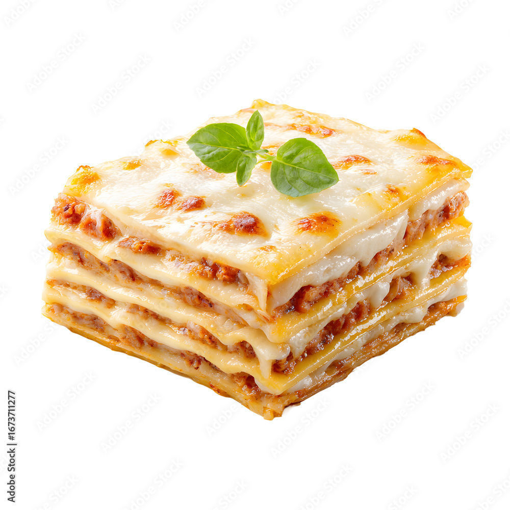 Poster square serving of lasagna with several layers of pasta cheese and meat sauce topped with basil for a