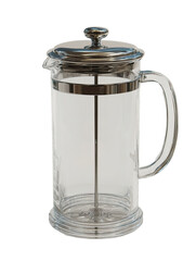 Transparent glass coffee press with stainless steel accents.  Clear glass body, metal lid and handle,  and a central plunger.  Simple design